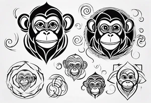 Create an abstract happy monkey outline in a small disconnected circle tattoo idea