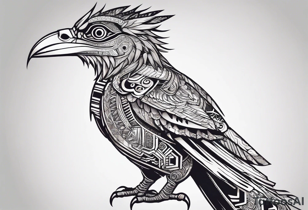 cyberpunk Aztec Quetzal bird/dinosaur that is narrow and has neurons coming from the bottom. tattoo idea