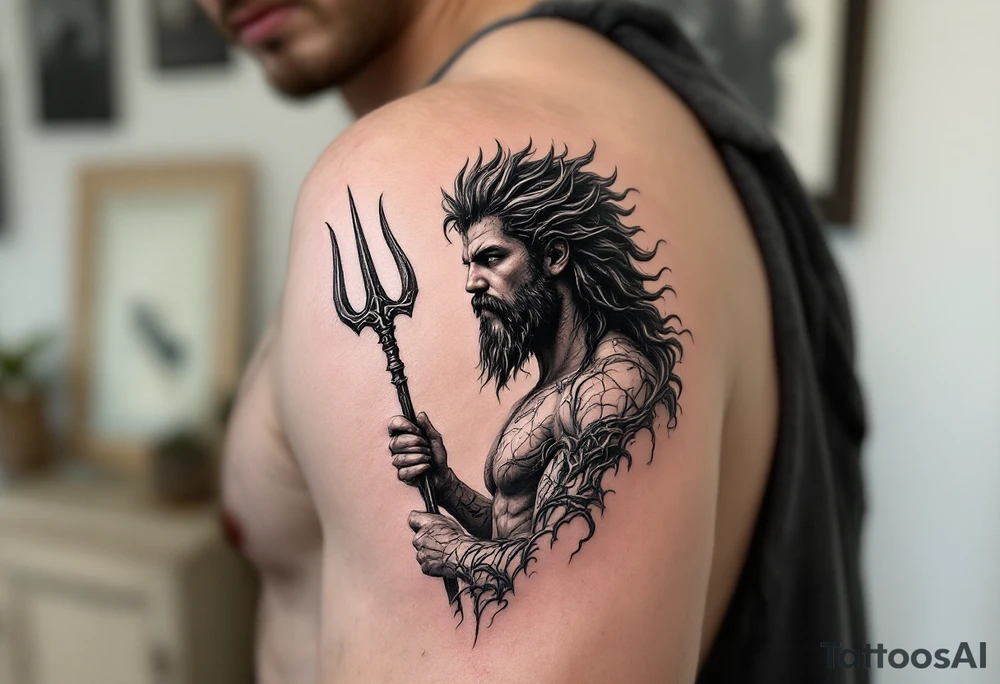 young poseidon, with trident, looking at the horizon tattoo idea