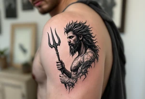 young poseidon, with trident, looking at the horizon tattoo idea