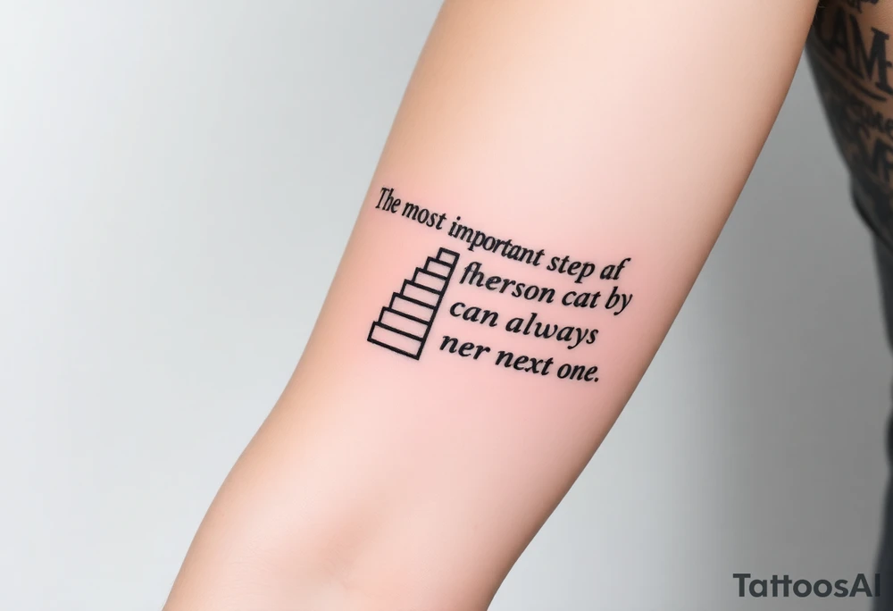 Design a tattoo for the outer arm using the phrase “the most important step a person can take is always the next one” with a geometric path or staircase tattoo idea