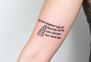 Design a tattoo for the outer arm using the phrase “the most important step a person can take is always the next one” with a geometric path or staircase tattoo idea