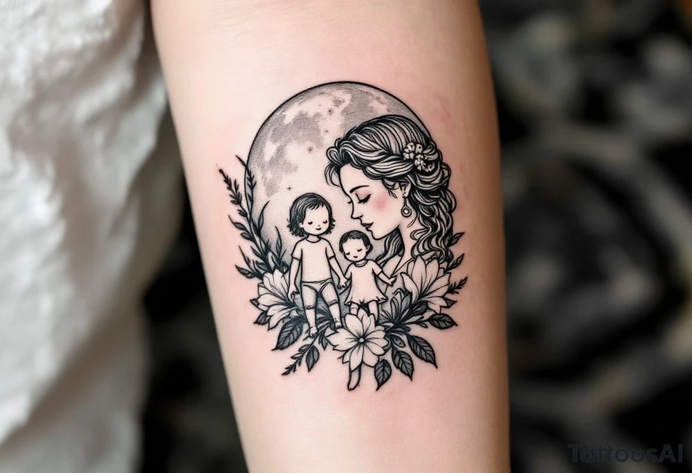 Family drawn in white ink over a soft gray moon, symbolizing everlasting connection. tattoo idea