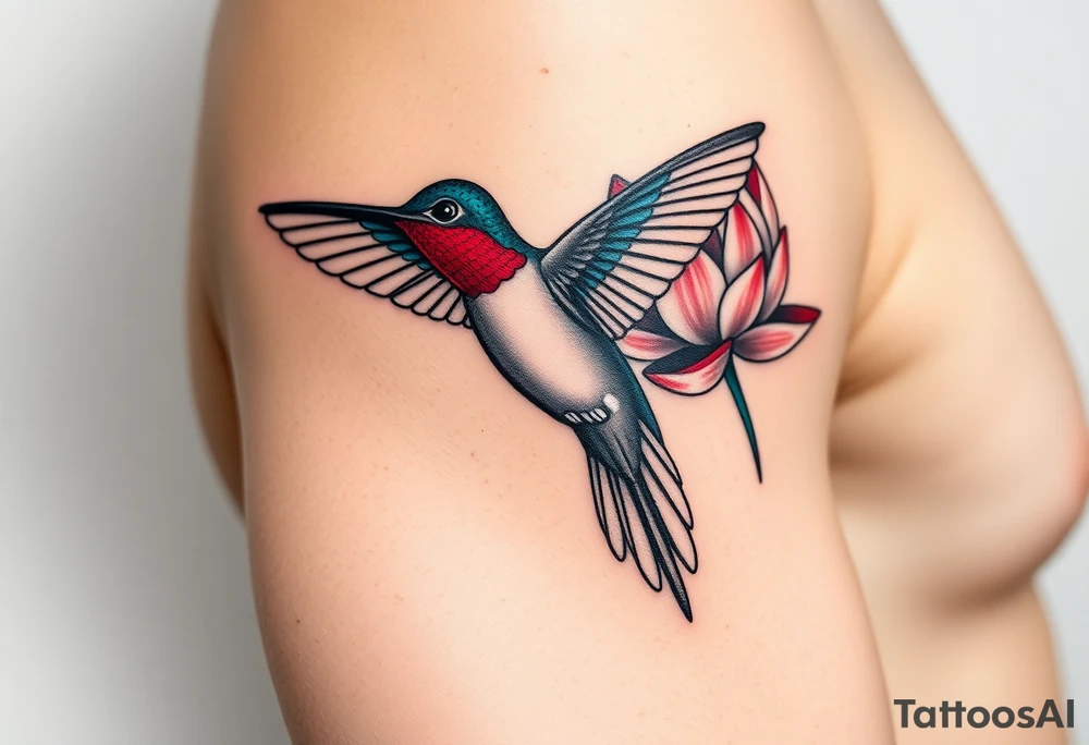 A hummingbird drinking nectar from an Egyptian lotus, make bird more black (only red , blue and black are possible colors) tattoo idea