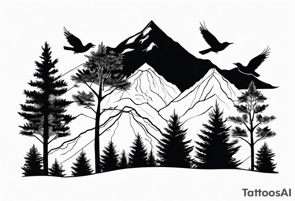 A mountain scape with trees. 5 silhouettes of birds.  All black tattoo idea