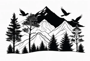 A mountain scape with trees. 5 silhouettes of birds.  All black tattoo idea