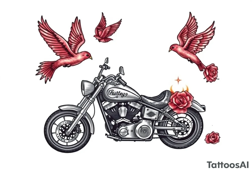 Harley grey motorcycle driving away, two red birds flying, roses, flames, angel wings tattoo idea