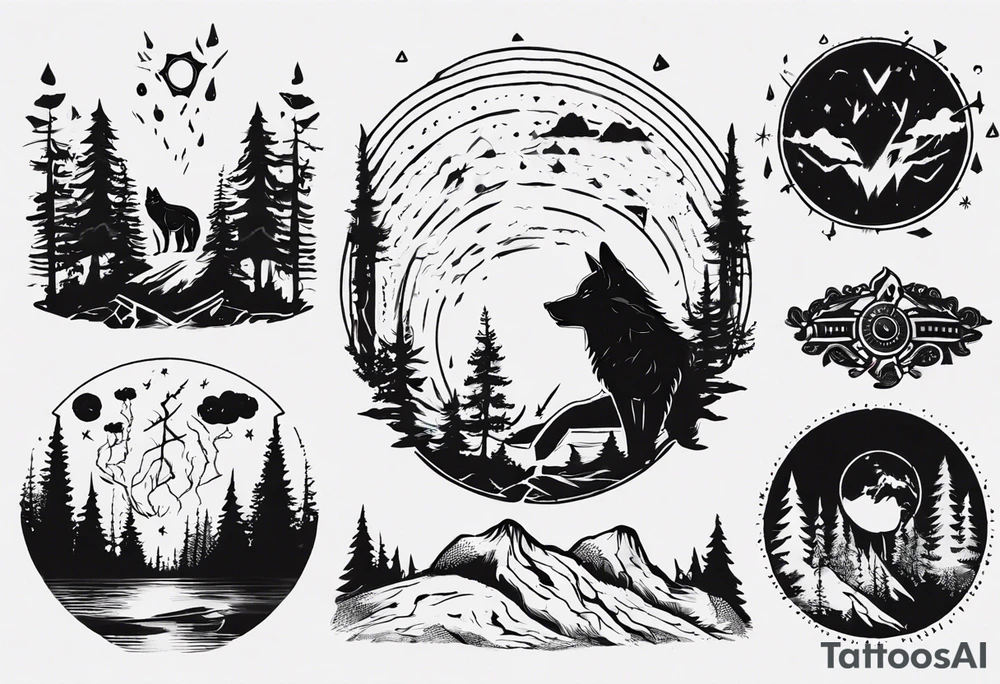 thunderstorm over a forest with a wolf howling on drums tattoo idea thunderstorm over a forest with a wolf howling on drums tattoo idea