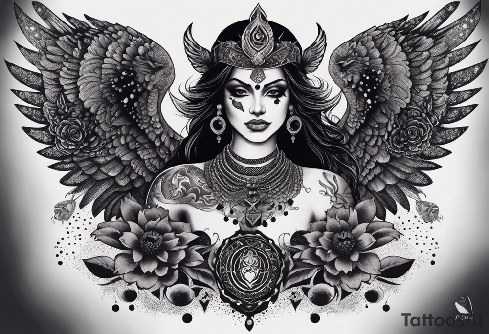 black kali, goddess pirate, alien, angel, pachamama, valkrye, warrior, flying, skull, lotus azul, wing, eagle, zenza resonance, stars, 5D, anahata chakra, death, durga, riding on a tiger, flying lady, kundalini, chest tatoo, samuri, rebel,s erpent tattoo idea