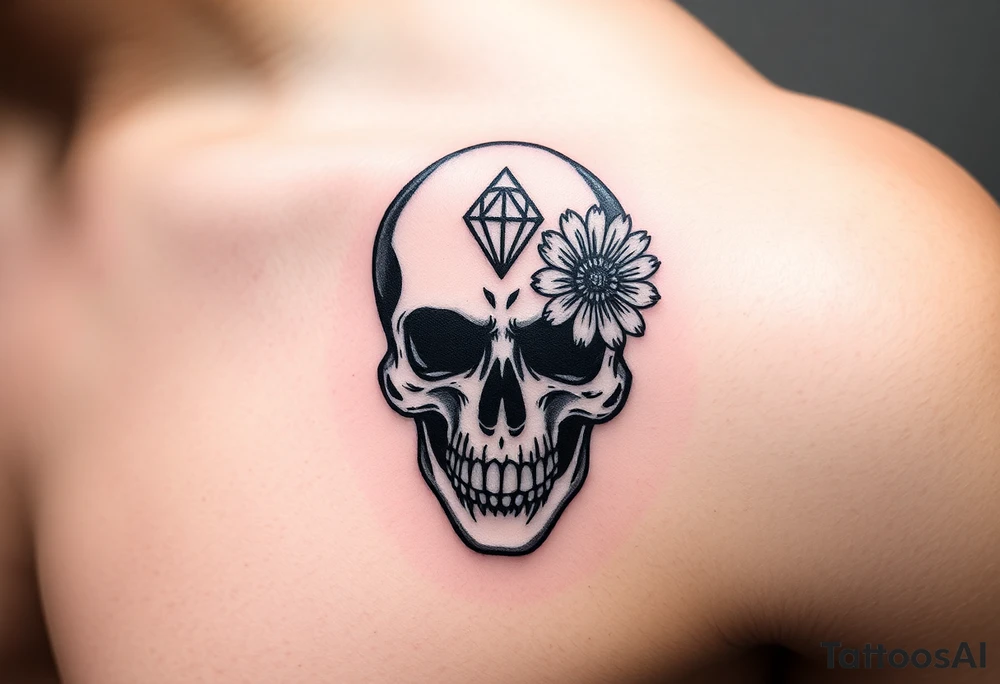 Masculine skull with a diamond and daisy tattoo idea