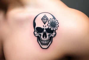 Masculine skull with a diamond and daisy tattoo idea