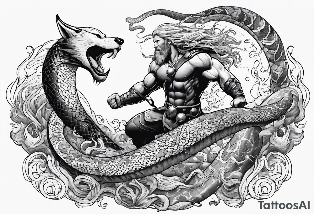 Thor getting eaten by the world serpent in the ocean tattoo idea
