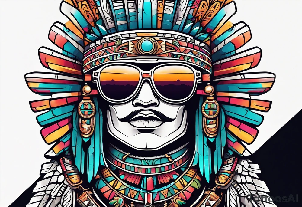 Colorful Mayan hieroglyph with sunglasses reflecting Chichen itza tattoo idea