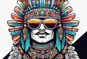 Colorful Mayan hieroglyph with sunglasses reflecting Chichen itza tattoo idea