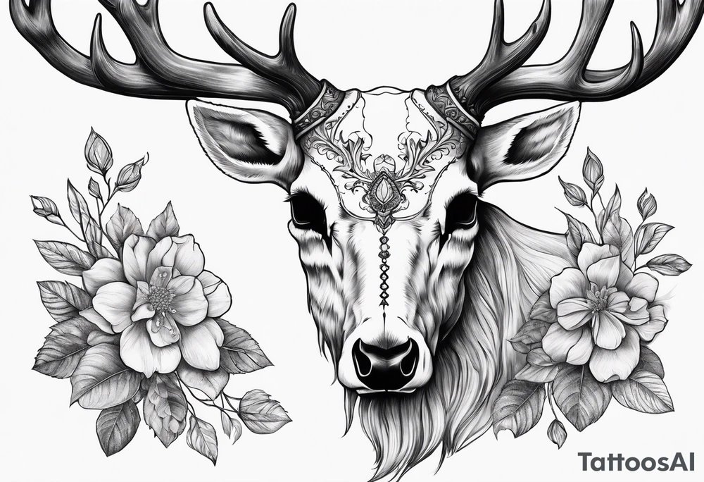Reindeer skull with flowers going up the horns tattoo idea