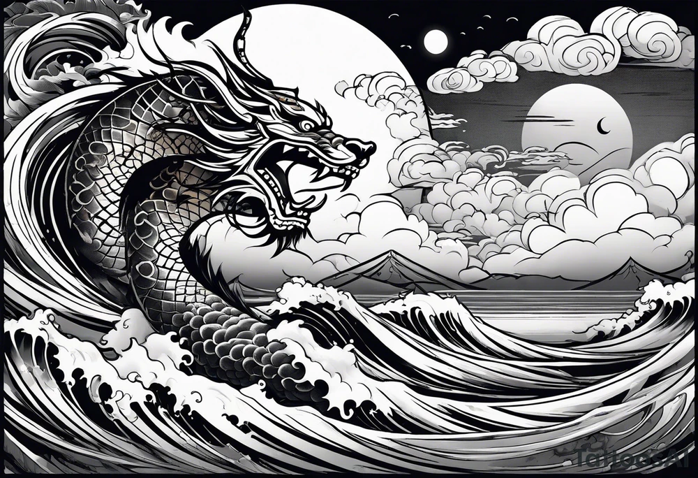 A strip with a japonese dragon, a samurai, an oni and a tiger with waves bellow and clouds above with the sun and the moon tattoo idea