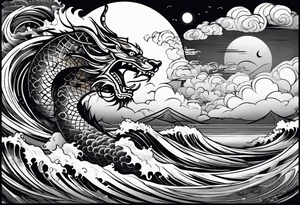 A strip with a japonese dragon, a samurai, an oni and a tiger with waves bellow and clouds above with the sun and the moon tattoo idea