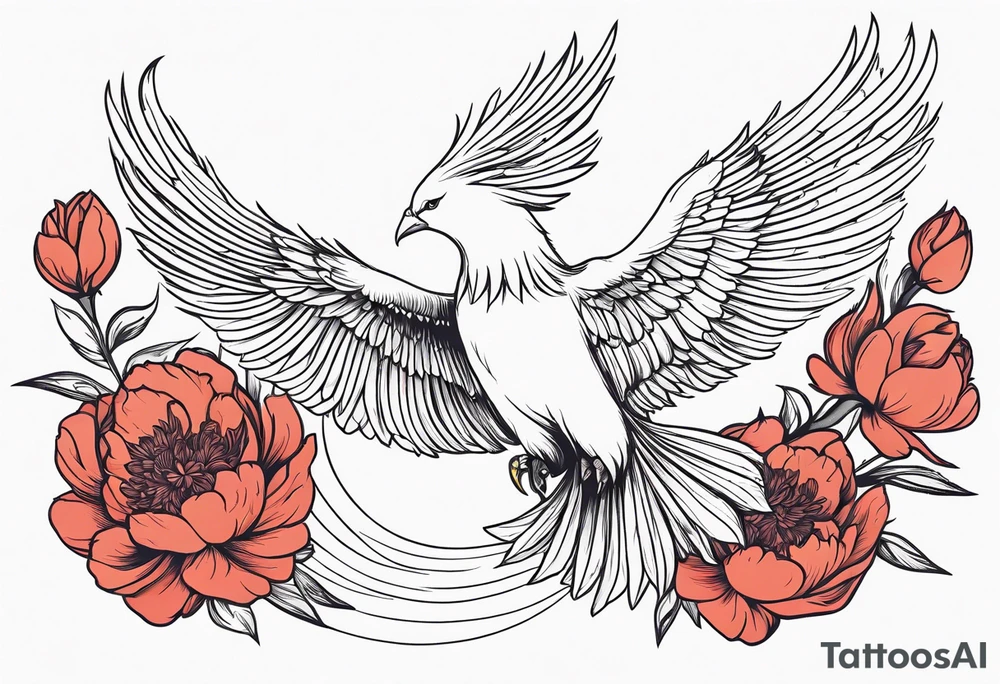 minimalist pheonix in flight with peonies in claws tattoo idea