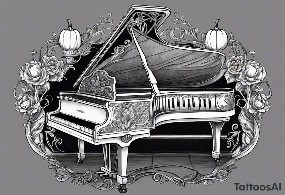 Skeleton playing a pumpkin grand piano with a candelabra sitting on the top in a cob webbed theater tattoo idea