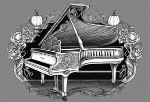 Skeleton playing a pumpkin grand piano with a candelabra sitting on the top in a cob webbed theater tattoo idea