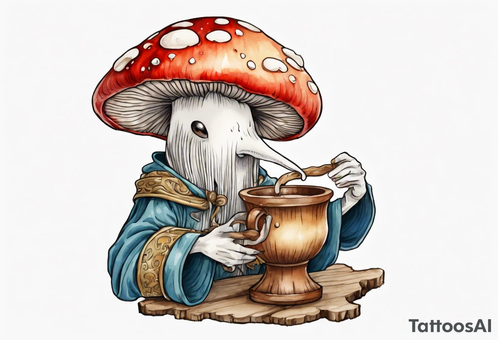 mushroom wearing a medieval tunic drinking from a wood cup tattoo idea