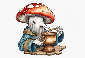 mushroom wearing a medieval tunic drinking from a wood cup tattoo idea