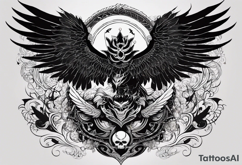 black kali, goddess pirate, alien, angel, pachamama, valkrye, warrior, flying, skull, lotus azul, wing, eagle, zenza resonance, stars, 5D, anahata chakra, death, durga, riding on a tiger, flying lady tattoo idea