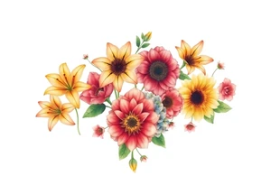 6 vintage star gazer lillies some yellow some red wild roses and sunflowers and hydrangea tattoo idea