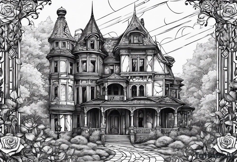 abandoned old gotic house, broken sword, roses, тату рукав tattoo idea