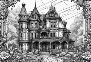 abandoned old gotic house, broken sword, roses, тату рукав tattoo idea