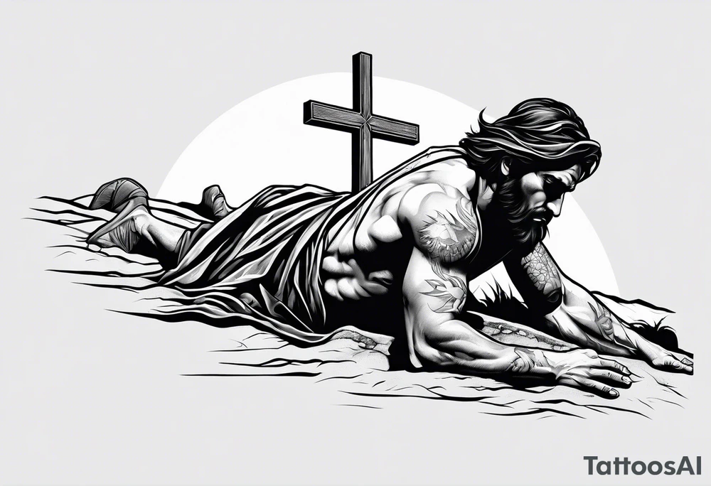 man crawling in a desert reaching to the cross of Christ tattoo idea