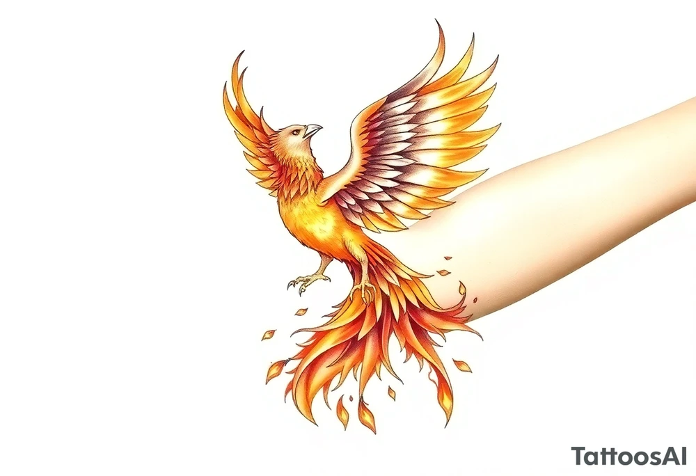 magnificent phoenix rising from golden flames with trailing embers tattoo idea