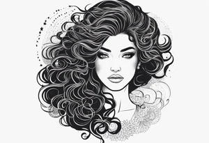 A shadow of a woman's head with long curly hair like Merida from Brave movie and her hair is made of stars planets and galaxies tattoo idea