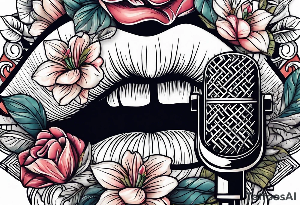 vintage lips near microphone traditional flowers tattoo idea