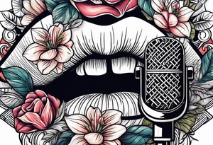 vintage lips near microphone traditional flowers tattoo idea