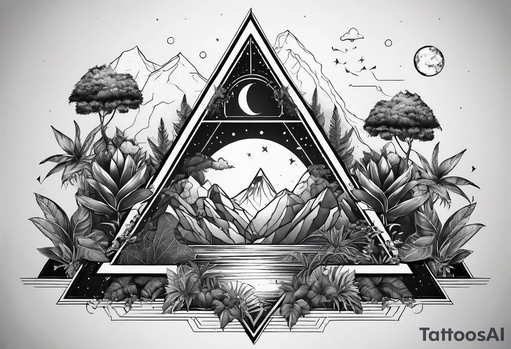 thick line art of space and jungle in 3 triangle shape tattoo idea