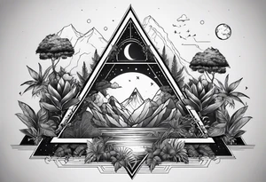 thick line art of space and jungle in 3 triangle shape tattoo idea