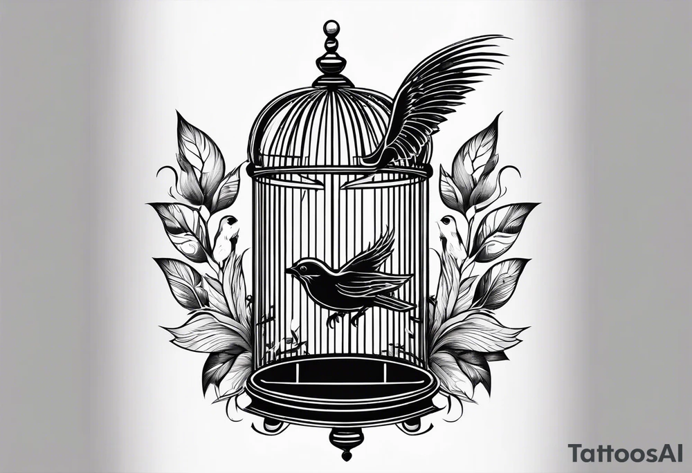 A simple open bird cage with a bird flying out tattoo idea