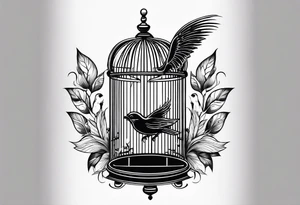 A simple open bird cage with a bird flying out tattoo idea