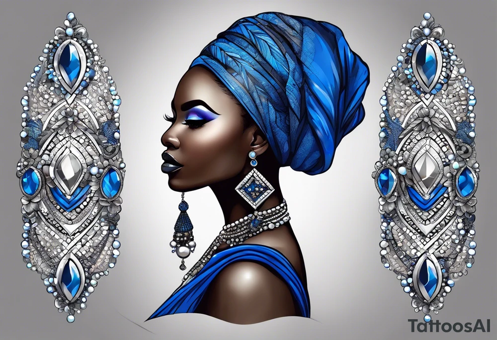 mulher iemanjá africana em preto e cinza com conchas e pérolas, fundo da imagem com tons de azul tattoo idea