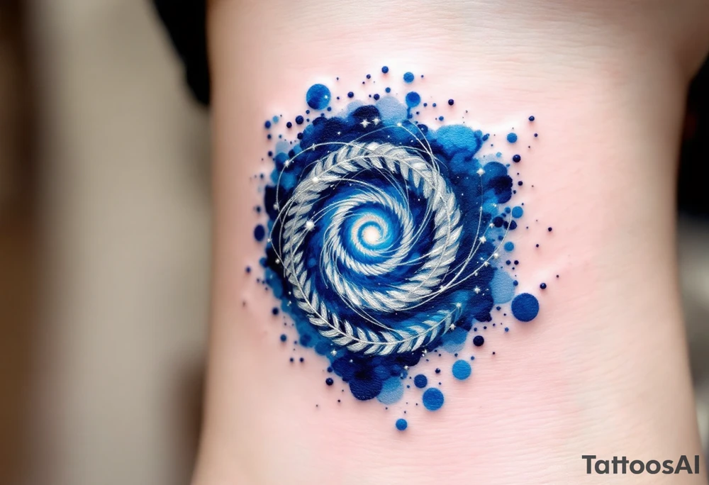 A bold navy blue spiral wrapped in thin silver threads, evoking a sense of cosmic energy. tattoo idea