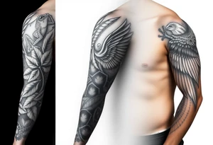 Full Sleeve tattoo including details of jungle leaves, Taino frog , Puerto Rican tribal patterns, angel wing tattoo idea