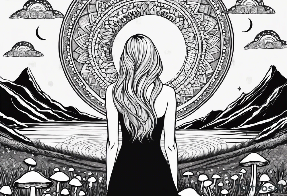 Straight blonde hair girl facing away toward mountains surrounded by mushrooms crescent moon mandala circular design black and white striped dress number 8 tattoo idea