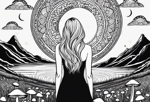 Straight blonde hair girl facing away toward mountains surrounded by mushrooms crescent moon mandala circular design black and white striped dress number 8 tattoo idea