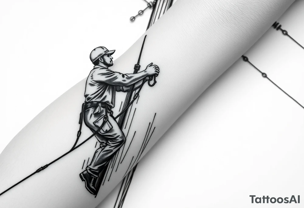 power lineman climbing a wooden 12kv pole. Make the pole a cross that has a hidden resemblance to god. tattoo idea