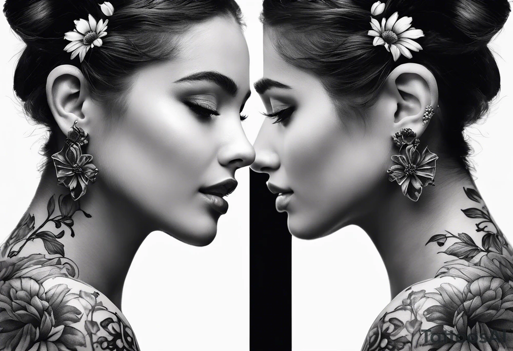 side profile of one women with flower on ear with lady bugs on the flower tattoo idea