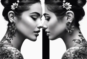 side profile of one women with flower on ear with lady bugs on the flower tattoo idea