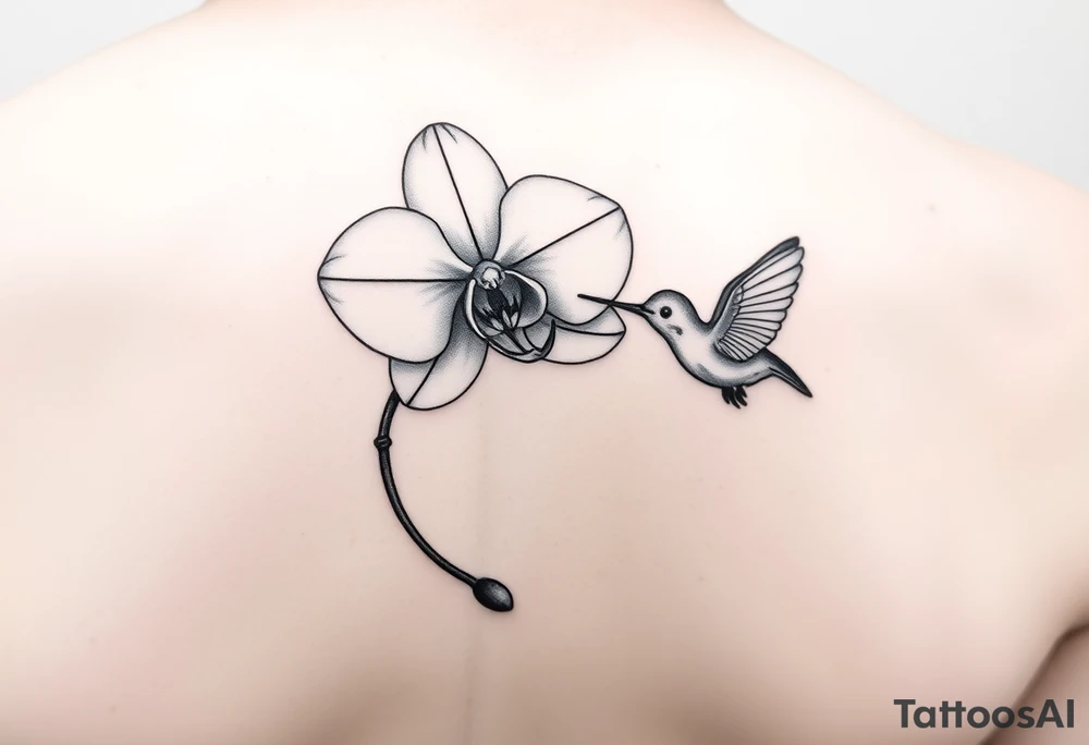 A delicate, black and white fine-line tattoo for make, featuring a gracefully detailed orchid in full bloom (stem and at least 2 flowers), with soft, intricate petals and elegant curves. Beside it, a hummingbird hovers mid-flight, its wings drawn with subtle motion lines, its slender beak reaching toward the orchid’s center to drink its nectar. The design captures a sense of balance and harmony, with the contrast between the stillness of the flower and the gentle energy of the bird. Perfectly suited for the upper arm, this piece combines nature’s beauty and movement in a timeless, minimalist style tattoo idea