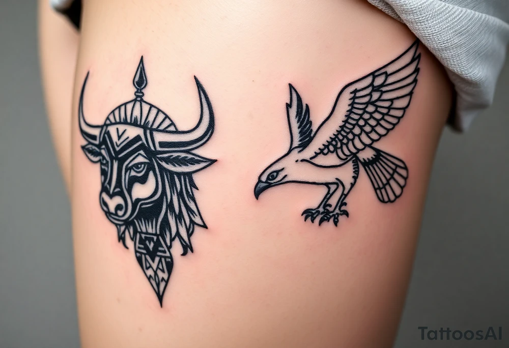 A bull and a falcon  with ancient Egyptian mythology, as ruled by Venus in western zodiac, tattoo idea