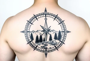 Open compass, bottom half with mountains, trees, stream, and tent. The S of the compass should be a fishing lure tattoo idea